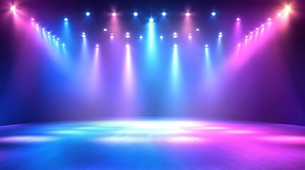 Colorful stage lights illuminating empty performance space.