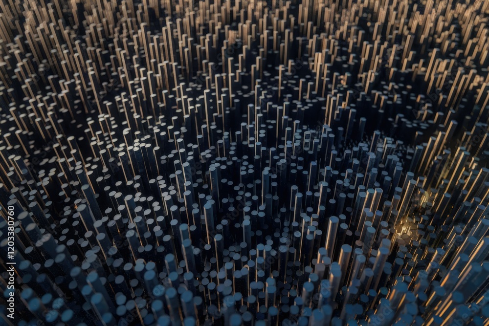 Aufkleber a dense field of dark cylindrical forms, varying in height, creates a textured, abstract landscape.