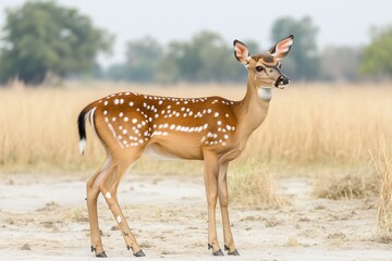 Naklejka premium Stunning Spotted Deer Fawn in Meadow Landscape