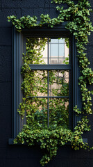 A window framed by lush green ivy, showcasing a vibrant view while adding a touch of nature to urban architecture.