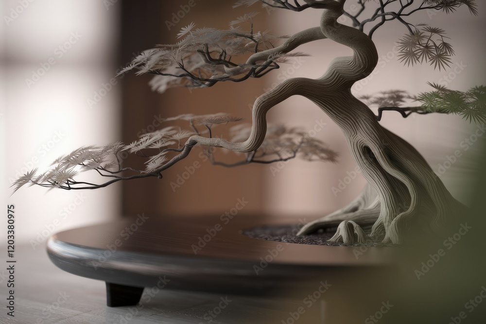 Aufkleber an elegant bonsai tree with intricate branches and a weathered trunk, displayed on a dark wooden bas