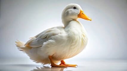 Naklejka premium A pristine white domestic duck, sharply detailed in studio photography against a clean white background.