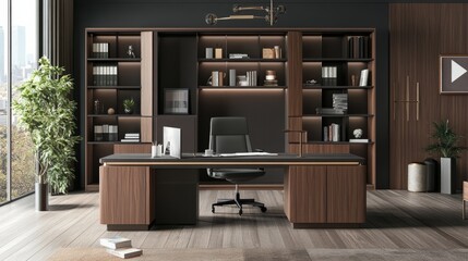 A modern office interior with a desk, chair, and shelving units against a dark wall on a wooden floor, concept of a corporate workspace.