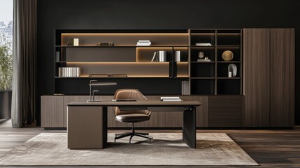 A modern office interior with a desk, chair, and shelving units against a dark wall on a wooden floor, concept of a corporate workspace.