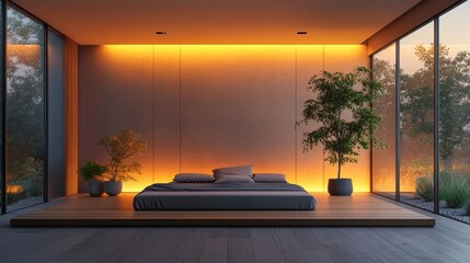 Sleek minimalist bedroom with low platform bed and ambient lighting modern home design tranquil environment interior view serenity and comfort