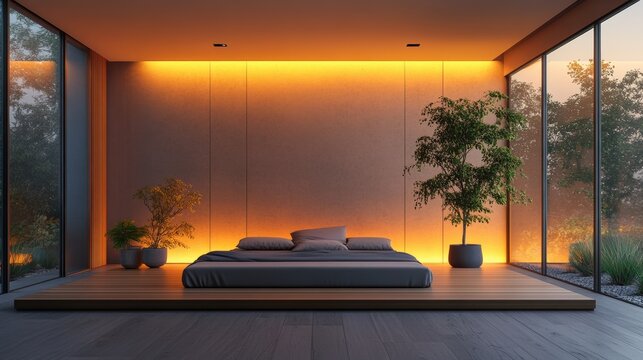 Sleek minimalist bedroom with low platform bed and ambient lighting modern home design tranquil environment interior view serenity and comfort