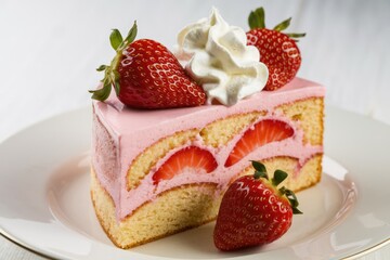 A delectable strawberry cake slice, layered with creamy pink mousse and fresh strawberries, topped with whipped cream.