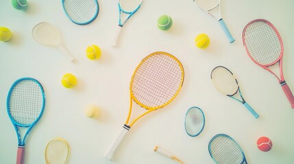 Colorful tennis rackets and balls overhead shot.