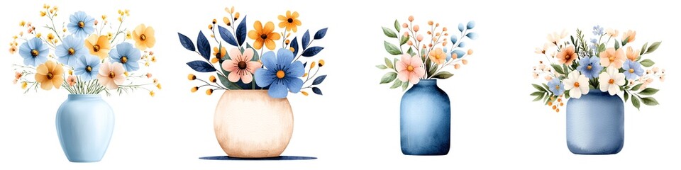 Wildflower collection set watercolor concept. Four vases filled with colorful flowers, showcasing a charming decorative arrangement.