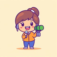 A cheerful cartoon character holding a microphone and a camera, dressed in an orange jacket, ready for a fun media adventure.