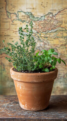 A terracotta pot holds fresh thyme and basil, set against a vintage map background, evoking a rustic kitchen atmosphere.