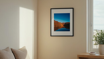 A framed photograph of a beautiful landscape featuring mountains and a lake, hung on a beige wall, illuminated by natural sunlight streaming through a window