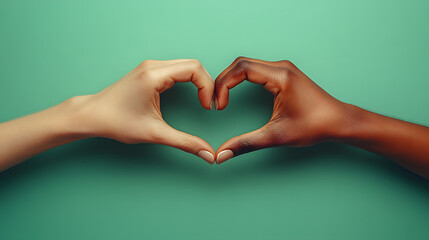Two hands, one light skinned and one dark skinned, form a heart shape against a green background, symbolizing unity, love, and diversity