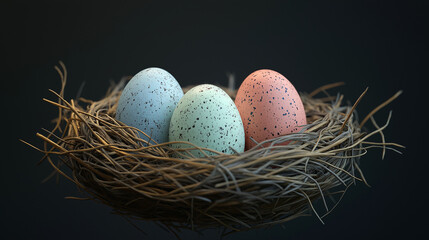 Obraz premium Pastel Easter eggs in a nest on a dark background with text space