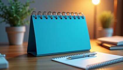 A stylish blue desk calendar with stationery, evoking a serene workspace atmosphere.