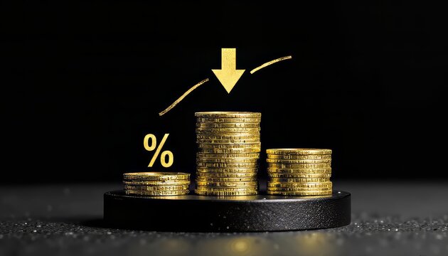 Gold coins stacked with a decreasing percentage arrow, symbolizing financial trends.