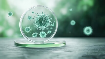 Petri dish with glowing microorganisms, medical research, 3D illustration
