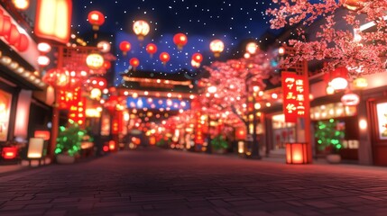 Festive Night Street Scene Illuminated by Lanterns and Cherry Blossoms