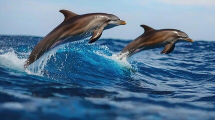 Obraz premium Dolphins leaping playfully in ocean waves; sunny day. Ideal for travel brochures