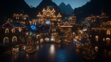 Fototapeta premium Festive Nighttime Village Illuminated With Christmas Lights