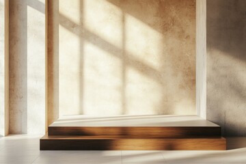 Fototapeta premium Natural Light Casting Shadows on A Minimalist Interior Space with Wooden Platform and Textured Wall Showcasing Modern Design Elements for Creative Projects