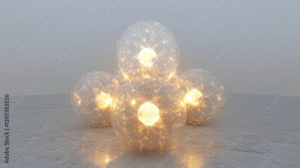 Poster a cluster of glowing abstract spheres connected like a neural network, forming an atom structure in 