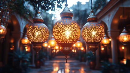 Illuminated Courtyard with Intricate Metal Lanterns at Dusk