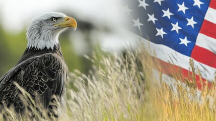 Majestic Bald Eagle with American Flag in the Background