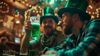 Cheerful men in festive green costumes and hats, enjoying saint patricks day with glasses of green beer at a traditional irish pub