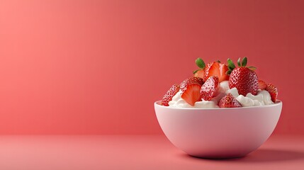 A creamy yogurt bowl garnished with fresh strawberries, isolated on a vibrant, solid background with text room above.