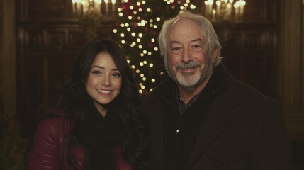 Festive Portrait of Woman and Older Man Near Christmas Tree