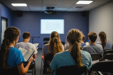 Fototapeta premium Group of Young People Engaged in Learning during a Workshop or Educational Session in a Modern Classroom Setting with a Projector Displaying Content on a Screen
