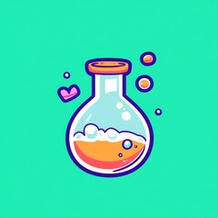 A colorful illustration of a laboratory flask filled with bubbling orange liquid, set against a bright turquoise background.