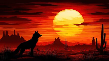 Naklejka premium Coyote silhouette at sunset in desert landscape.