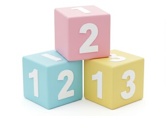 A 3D illustration of three vibrant cubes in pastel colors blue, pink and yellow stacked diagonally. Each block features a bold white number