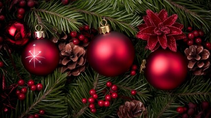 Obraz premium Festive Red Christmas Ornaments Pine Cones Holly Berries