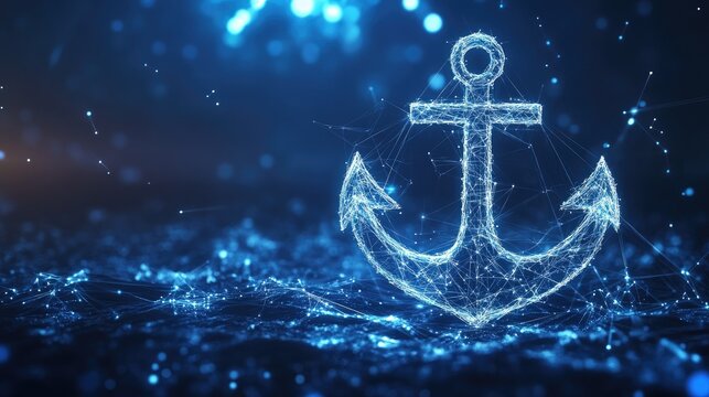 A futuristic anchor glowing in a web of connected lines and points on a rich blue digital backdrop.