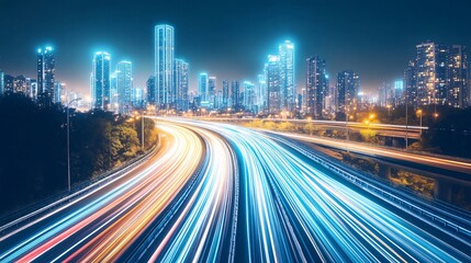 Fototapeta premium Futuristic City Nightscape Highway Lights Trails