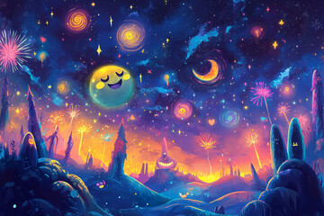 The image depicts a vibrant, colorful landscape at night with a whimsical sky filled with stars and swirling galaxies