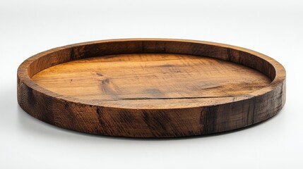 Rustic-style round wooden tray with visible saw marks, placed on a white surface