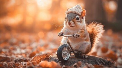 Obraz premium Chubby Baby Squirrel Riding Mini-Bike Autumn Forest Adorable Animal Photo Warm Environment Close-Up Whimsical Concept