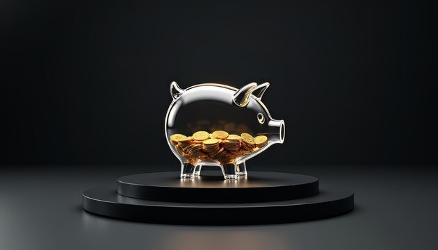Transparent piggy bank filled with coins on a dark background.