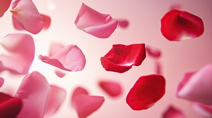 A gentle shower of pink and red rose petals on a light pink background, perfect for seasonal sales banners.