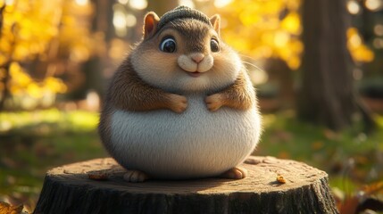 Obraz premium Chubby Baby Squirrel Playing on a Tree Stump in Autumn Forest Cute Animal Photography