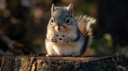 Chubby Baby Squirrel Playing with Cards Forest Wildlife Photography Natural Habitat Close-Up Playfulness