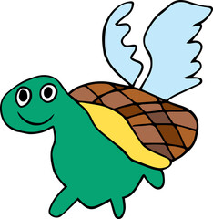 smiling funny green turtle with wings on brown shell looking at camera