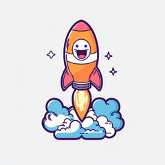 A cheerful rocket is blasting off, surrounded by clouds and sparkles, conveying a sense of excitement and adventure.