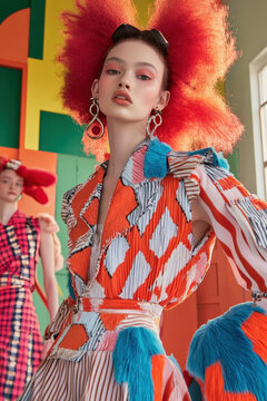 Model in extravaganten, farbenfrohen Outfit mit auff&auml;lligen Mustern, Texturen und &uuml;bergro&szlig;en Accessoires