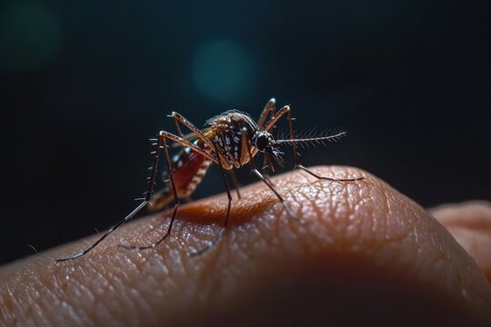Close-Up View of Mosquito on Human Skin, Highlighting Insect Details and Natural Environment, Exemplifying Nature's Intricacies and Insect Behavior in Action
