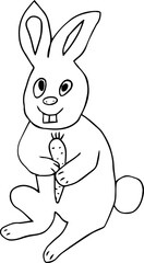 funny rabbit with teeth smiles and holds carrot looks at camera